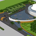 Modern Sales Office Building Exterior Design With Landscaping Water Pond Roadway Cars And Pedestrians
