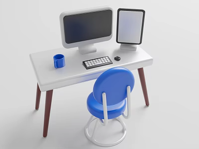 Practical Home Workstation With White Desk Blue Chair Computer Monitor Tablet Keyboard Mouse And Mug 3d model