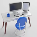 Practical Home Workstation With White Desk Blue Chair Computer Monitor Tablet Keyboard Mouse And Mug