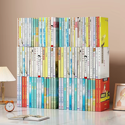 Various Colored Books Magazines Neatly Stacked with Table Lamp Alarm Clock and Photo Frame 3d model