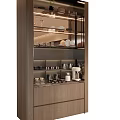 Modern Wine Cabinet With Glass Door Wooden Frame And Interior Dishes Glasses Lighting