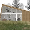 Modern Wooden B&B Building with Large Glass Windows Set in Natural Grassland and Trees