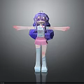 3D Anime Character With Purple Long Hair Pink Shorts White Socks Blue Shoes Arms Outstretched
