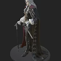 Man Wearing Elegant Black Cape White Shirt Leather Vest And Cane With Sword