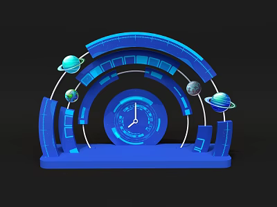 Futuristic Blue Tech Arc Structure With Clock And Planets Photo Spot 3d model