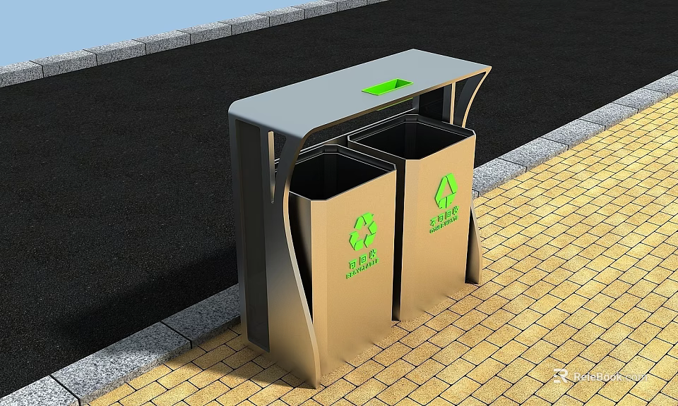 Public Facility Outdoor Dual Compartment Recycling Bins With Green Symbols On Sidewalk 3d model 