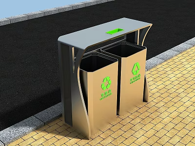 Public Facility Outdoor Dual Compartment Recycling Bins With Green Symbols On Sidewalk 3d model