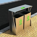 Public Facility Outdoor Dual Compartment Recycling Bins With Green Symbols On Sidewalk