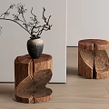 Natural Wooden Tree Stump Stools With Growth Ring Texture And Vase On Top