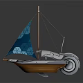 Wooden Boat with Futuristic Sail Glowing Blue Wheel Device and Modern Hull Design