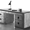 Modern Metallic Office Desk With Drawers Black Lamp Notebook And Small Box