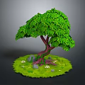 Cartoon Scene of Tree with Green Leaves Trunk Grass Stones and Small Flowers