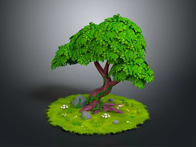 Cartoon Scene of Tree with Green Leaves Trunk Grass Stones and Small Flowers 3d model