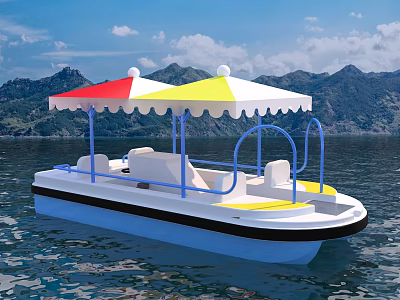 Colorful Umbrella Covered Boat On Calm Water With Mountain Backdrop And Blue Sky 3d model