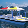 Colorful Umbrella Covered Boat On Calm Water With Mountain Backdrop And Blue Sky