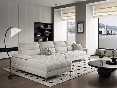 Modern Living Room With L Shaped Sofa And City View 3d model