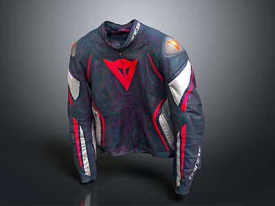 Dark Leather Motorcycle Jacket With Red Triangular Logo And White Red Stripes 3d model