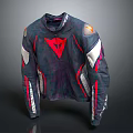 Dark Leather Motorcycle Jacket With Red Triangular Logo And White Red Stripes 3d model