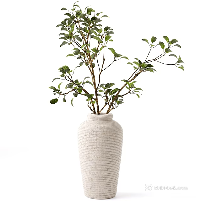 White Textured Vase With Green Leafy Branches For Minimalist Home Decor 3d model 