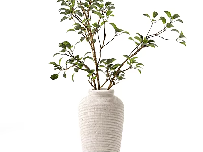 White Textured Vase With Green Leafy Branches For Minimalist Home Decor 3d model