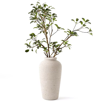 White Textured Vase With Green Leafy Branches For Minimalist Home Decor 3d model