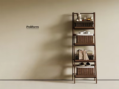 Modern Wooden Multi Tier Storage Shelf with Woven Baskets and Towels for Home Organization 3d model