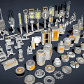 Industrial Equipment Parts in Gray with Orange Details Including Hoists Lights and Wheels