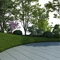 Beautiful Park Landscape with Lush Trees Flowering Shrubs and Stone Tile Walkway