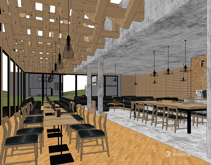 Modern Café Interior Design With Wooden Ceiling Hanging Lights And Open Layout 3d model 