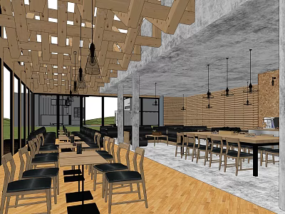 Modern Café Interior Design With Wooden Ceiling Hanging Lights And Open Layout 3d model