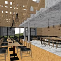 Modern Café Interior Design With Wooden Ceiling Hanging Lights And Open Layout