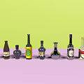 Stylish Wine Bottles and Glasses Arranged with Colorful Labels and Designs