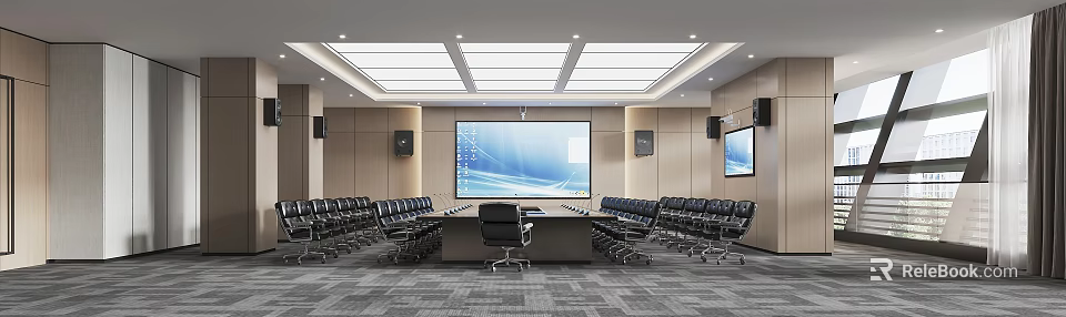 Spacious Conference Room With Large Screen Black Tables Chairs Ceiling Lights And Speakers 3d model 