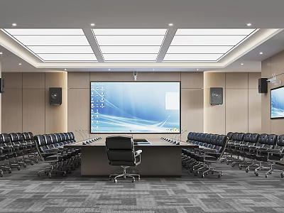 Spacious Conference Room With Large Screen Black Tables Chairs Ceiling Lights And Speakers 3d model