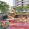 Outdoor Children's Play Area With Trees Red Gold Ground Circular Zones And Pedal Equipment