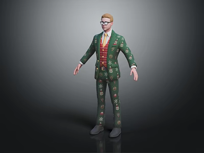 Man Wearing Green Suit With Colorful Patterns And Glasses Standing In Studio 3d model