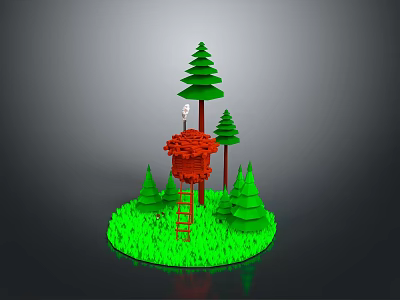 3D Red Treehouse Design With Pine Trees Ladder And Green Grass 3d model