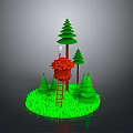 3D Red Treehouse Design With Pine Trees Ladder And Green Grass