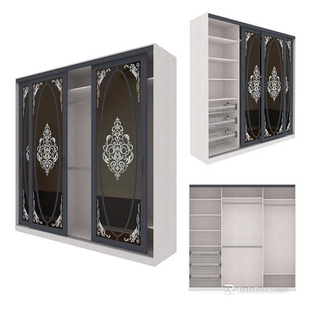 Modern Chest of Drawers with Glass Doors Ornate Patterns and Wooden Frame 3d model 