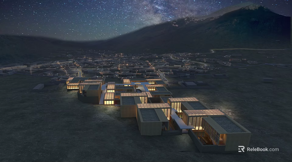 Modern Scattered Layout Hotel Buildings Under Starry Sky Milky Way Mountain Backdrop With Roof Lights 3d model 