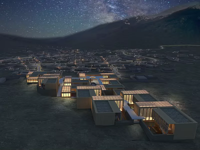 Modern Scattered Layout Hotel Buildings Under Starry Sky Milky Way Mountain Backdrop With Roof Lights 3d model