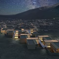 Modern Scattered Layout Hotel Buildings Under Starry Sky Milky Way Mountain Backdrop With Roof Lights