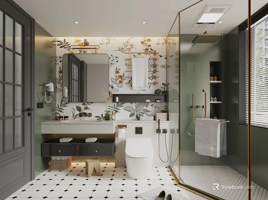 Modern Bathroom Interior With Green Wall Black White Geometric Tiles Vanity Mirror And Brass Shower 3d model 