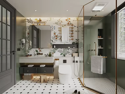 Modern Bathroom Interior With Green Wall Black White Geometric Tiles Vanity Mirror And Brass Shower 3d model