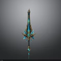 Ornate Fantasy Sword With Blue Golden Accents And Glowing Crystal Decorations
