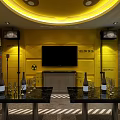 Yellow Themed KTV Interior Design With Brown Leather Sofas And Circular Ceiling Lighting