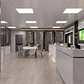 Modern Office Reception Area With White Marble Counter Glass Partitions And Green Plants