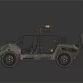 Military Style Open Frame Utility Vehicle With Large Off Road Tires And Roof Mounted Equipment