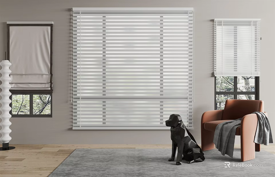 White Venetian Blinds In Modern Living Room With Window Armchair And Rug 3d model 