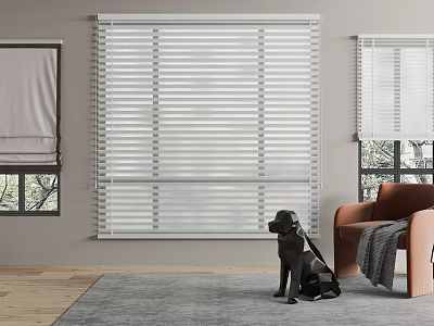 White Venetian Blinds In Modern Living Room With Window Armchair And Rug 3d model